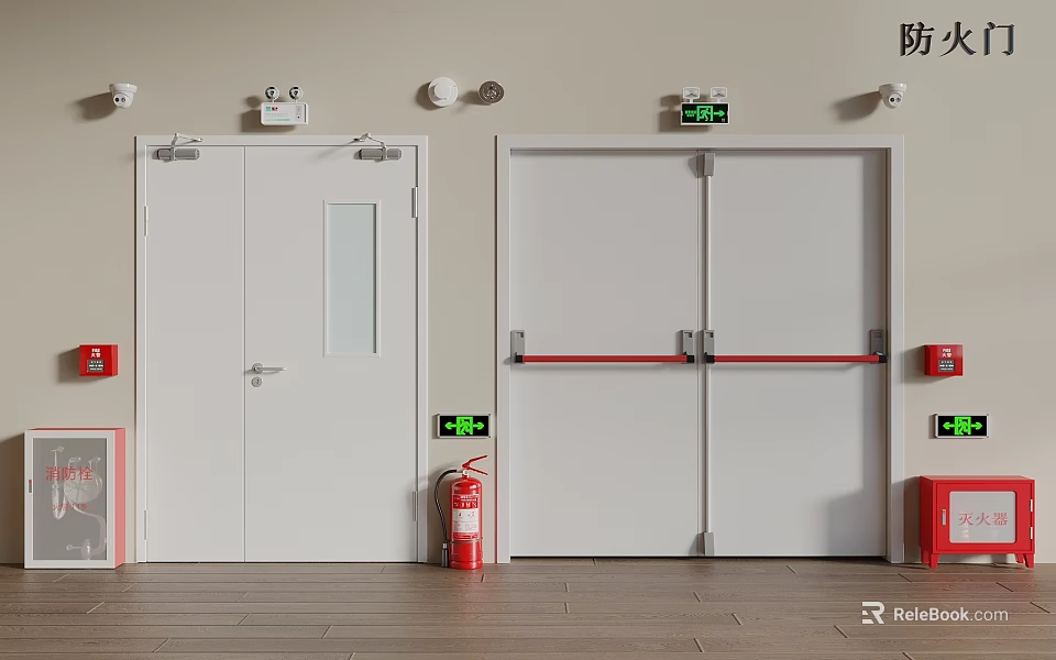 Fire Safety Equipment Including Fire Doors Fire Extinguishers And Exit Signs In Building 3d model 