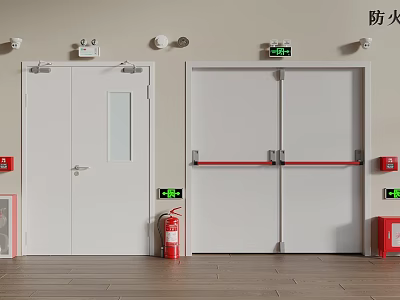 Fire Safety Equipment Including Fire Doors Fire Extinguishers And Exit Signs In Building 3d model