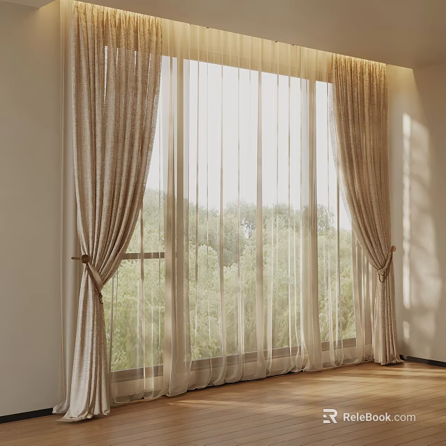 Elegant Beige Curtains With Sheer Layers Sunlight And Green Trees Through Window Interior 3d model 