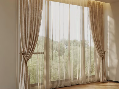 Elegant Beige Curtains With Sheer Layers Sunlight And Green Trees Through Window Interior 3d model