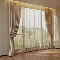 Elegant Beige Curtains With Sheer Layers Sunlight And Green Trees Through Window Interior