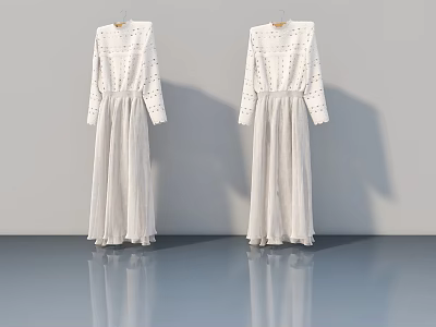 Two White Dresses Hanging on Hangers with Grey Wall and Blue Floor Reflection 3d model