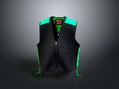 Black And Green Daily Use Vest With Zipper Side Straps And Inner Label 3d model