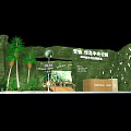 Exhibition Booth Design with Green Decor Palm Trees Wooden Structure and Reception Desk