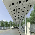 Solar Panel Roof Parking Lot With Electric Vehicle Charging Stations Marked Spaces And Trees