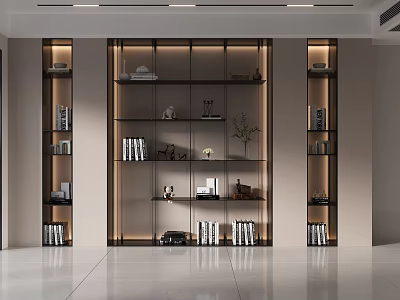 Sleek Modern Multi tiered Bookcase With Glass Doors Books And Decorative Plants 3d model