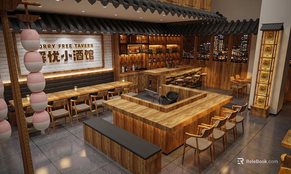 Dry Free Tavern Restaurant Interior With Wooden Bar Counter Tables And Lanterns 3d model 