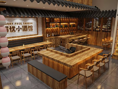 Dry Free Tavern Restaurant Interior With Wooden Bar Counter Tables And Lanterns 3d model