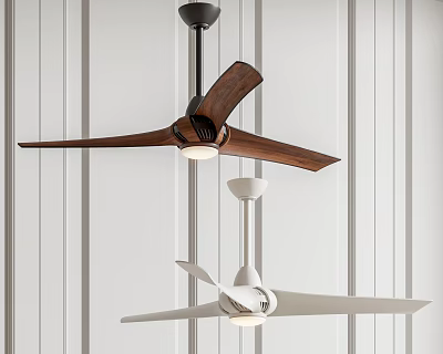 Two Modern Ceiling Fans With Wooden Blades And White Body Ceiling Mounted Light Fixture 3d model