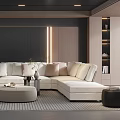 Modern Living Room Interior With Sectional Sofa Stone Wall And Area Rug