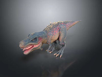 Realistic 3D Dinosaur Character With Colorful Skin And Open Mouth Standing On Gray Background 3d model