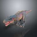 Realistic 3D Dinosaur Character With Colorful Skin And Open Mouth Standing On Gray Background