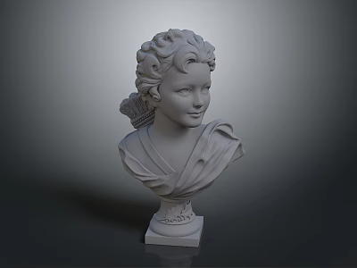 White Classical Female Bust Sculpture With Curly Hair Drapery And Pedestal Base 3d model