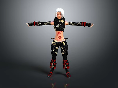 Woman With White Hair In Black Outfit Red Decorations Arms Outstretched Red Tattoo Abdomen 3d model