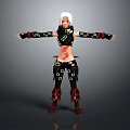 Woman With White Hair In Black Outfit Red Decorations Arms Outstretched Red Tattoo Abdomen