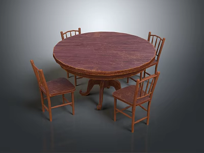 Classic Round Wooden Dining Table With Four Matching Wooden Chairs 3d model