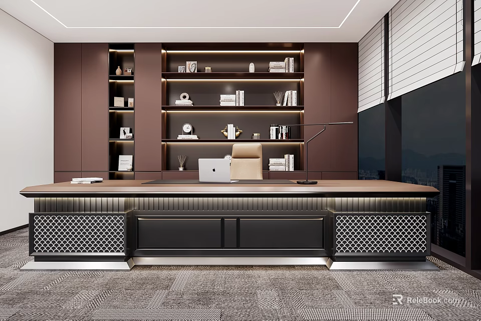 Modern Office Featuring Dark Wooden Bookshelves Desk Computer Chair Floor To Ceiling Windows And Carpet 3d model 