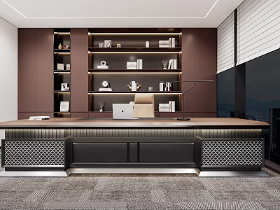 Modern Office Featuring Dark Wooden Bookshelves Desk Computer Chair Floor To Ceiling Windows And Carpet 3d model