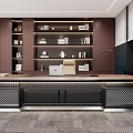 Modern Office Featuring Dark Wooden Bookshelves Desk Computer Chair Floor To Ceiling Windows And Carpet