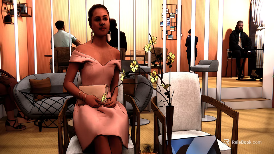 Cozy Café Interior With Stylish Seating Yellow Flowers And Relaxed Customers 3d model 