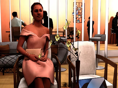 Cozy Café Interior With Stylish Seating Yellow Flowers And Relaxed Customers 3d model