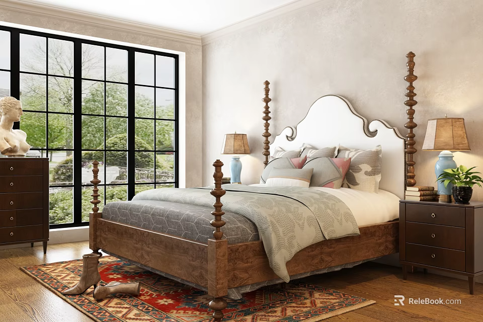 Cozy Double Bed With Carved Headboard Wooden Posts Gray Quilt Pillows Nightstand Lamp And Window 3d model 