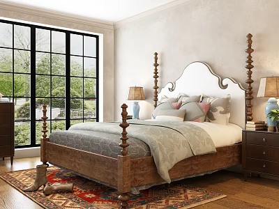 Cozy Double Bed With Carved Headboard Wooden Posts Gray Quilt Pillows Nightstand Lamp And Window 3d model