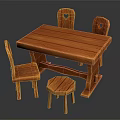 Wooden Dining Chairs With Rustic Design And Matching Dining Table And Stool 3d model