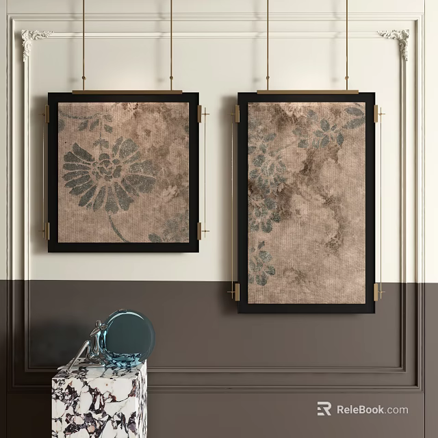 Abstract Paintings With Floral Patterns Brown Blue Tones Black Frames Wall Decor 3d model