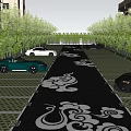 Eco Friendly Parking Lot With Green Trees And Decorative Ground Patterns Near High Rise Buildings