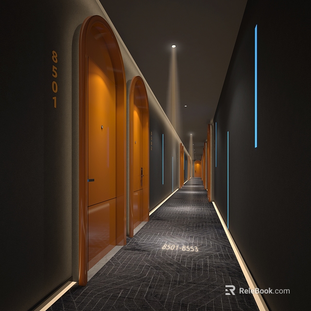 Elegant Hotel Corridor With Arched Orange Doors Black Walls Blue Lines And Patterned Carpet 3d model 