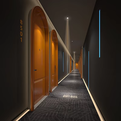 Elegant Hotel Corridor With Arched Orange Doors Black Walls Blue Lines And Patterned Carpet 3d model