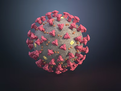 3D Virus Structure Model With Red Spikes Gray Spherical Body And Yellow Particles 3d model