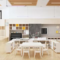 Bright Child Friendly Kindergarten Interior With Cozy Sofa Round Ottomans Soft Carpet And Bookshelves