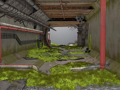 Abandoned Industrial Pipeline Area With Green Moss Red Pipes Concrete Walls And Broken Ground 3d model