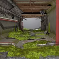 Abandoned Industrial Pipeline Area With Green Moss Red Pipes Concrete Walls And Broken Ground