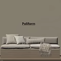 Poliform Light Gray Banquette Sofa With Striped Pillows Blanket And Wooden Base On Beige Wall