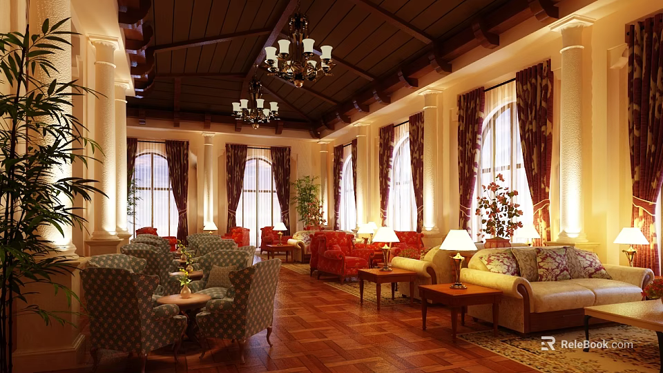 Elegant Hotel Public Lounge With Chandeliers Large Windows Curtains Sofas Armchairs And Plants 3d model 