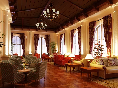 Elegant Hotel Public Lounge With Chandeliers Large Windows Curtains Sofas Armchairs And Plants 3d model