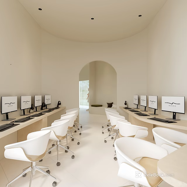 Modern Public Office Space Interior With Arched Opening White Chairs And Computer Monitors 3d model