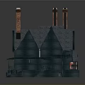 Dark Green Gabled Roof House with Three Chimneys Wooden Porch and Multiple Windows