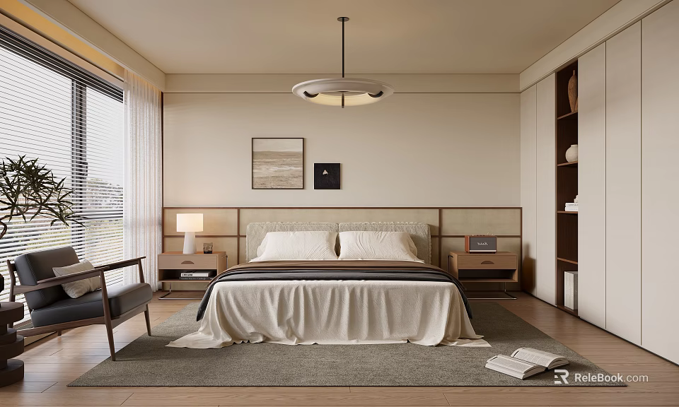 Modern Bedroom Interior Design With Wooden Headboard Chandelier Gray Rug Wall Art And Accent Chair 3d model 