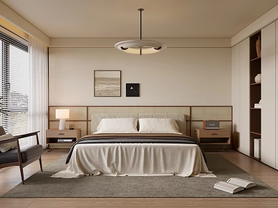 Modern Bedroom Interior Design With Wooden Headboard Chandelier Gray Rug Wall Art And Accent Chair 3d model