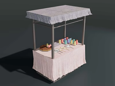 Gray Canopy Display Shelf With Pink Tablecloth And Colorful Items Tray Tools 3d model