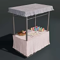 Gray Canopy Display Shelf With Pink Tablecloth And Colorful Items Tray Tools