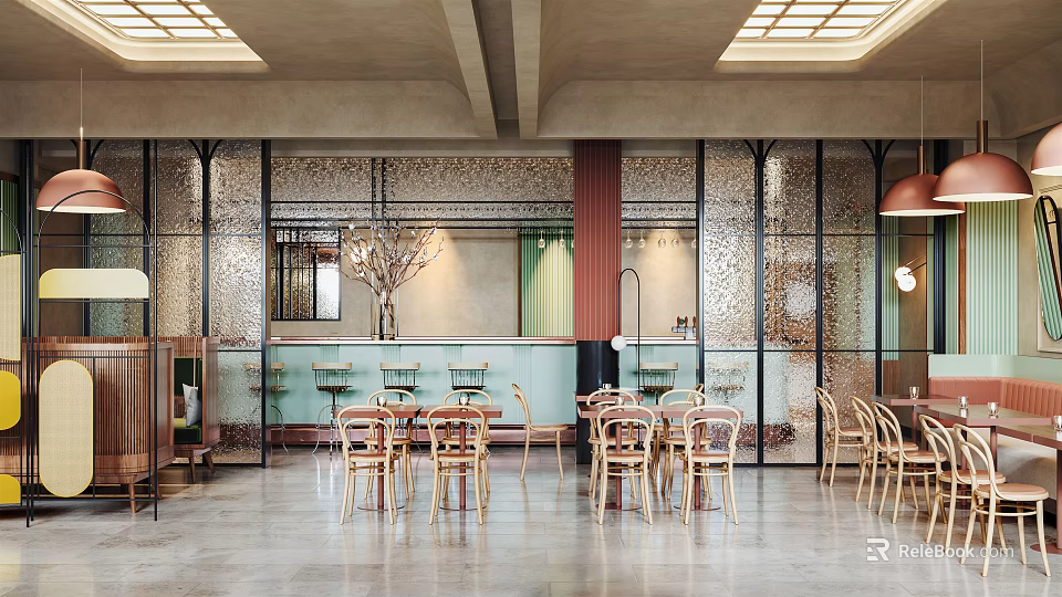 Modern Restaurant Interior With Wooden Tables Glass Partitions And Decorative Wall Lighting Design 3d model 