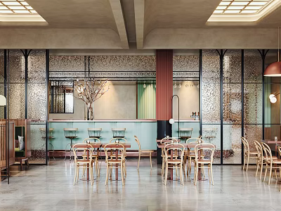 Modern Restaurant Interior With Wooden Tables Glass Partitions And Decorative Wall Lighting Design 3d model