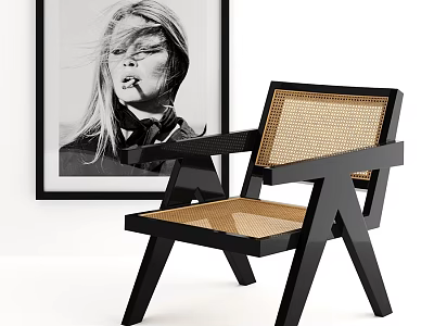 Modern Leisure Chair With Black Frame Rattan Seat And Backrest In Interior 3d model