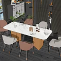 Modern Dining Table Set with Upholstered Chairs Marble Top Pendant Lights Wall Art and Windows