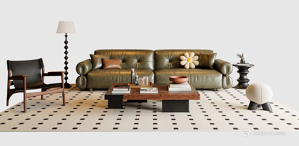 Green Leather Sofa And Coffee Table Set With Decorative Pillows Books And Floor Lamp 3d model 